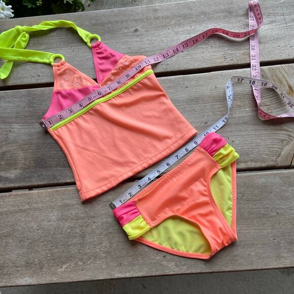 Justice Girl Tankini‎ Swimsuit Bathing Suit Bikini Neon Orange Yellow Pink Bling - Picture 2 of 6